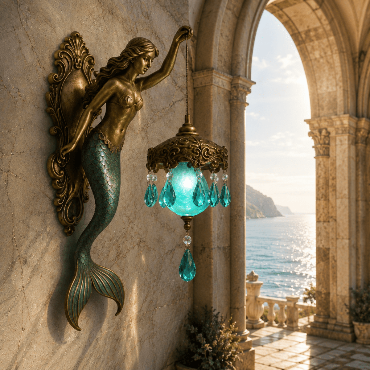 Vintage style luxury mermaid wall sconce featuring an antique bronze finish and a hanging teal stained glass lantern