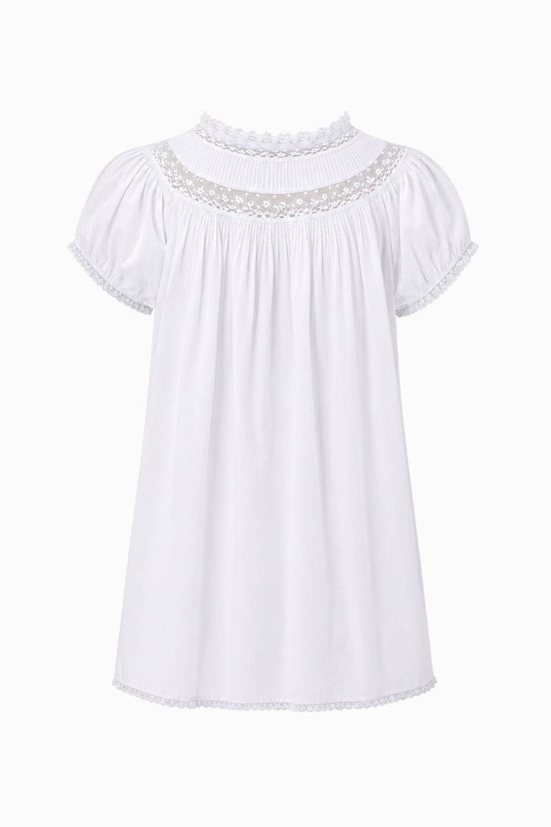 Back flat view of white puff sleeve mini dress highlighting delicate lace collar and back pleating.