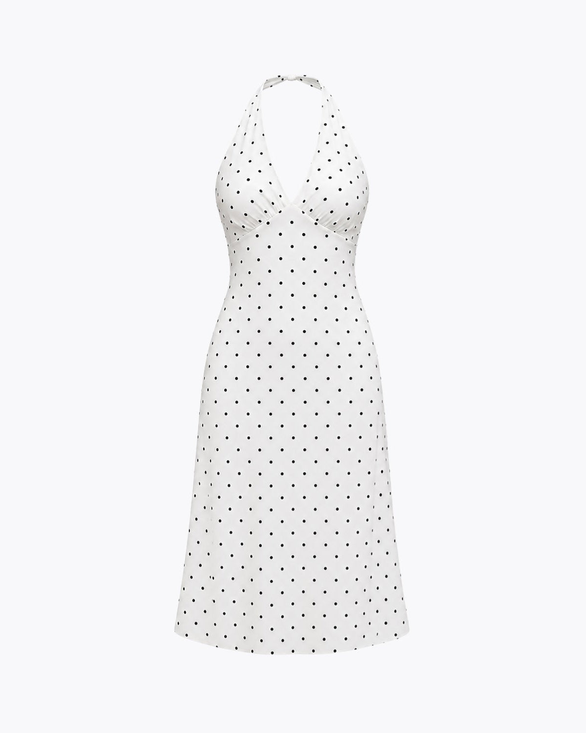 Flat lay studio shot of a white V-neck ruched bust polka dot midi dress showing garment shape and pattern details.