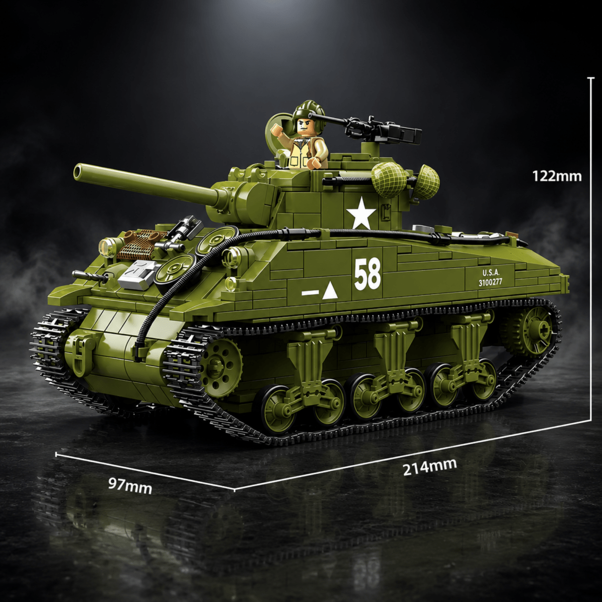 A green brick-built tank model with a small figure on top, shown on a dark reflective surface with dimension lines labeled 122mm, 97mm, and 214mm. The tank has white markings including the number 58 and a star insignia.