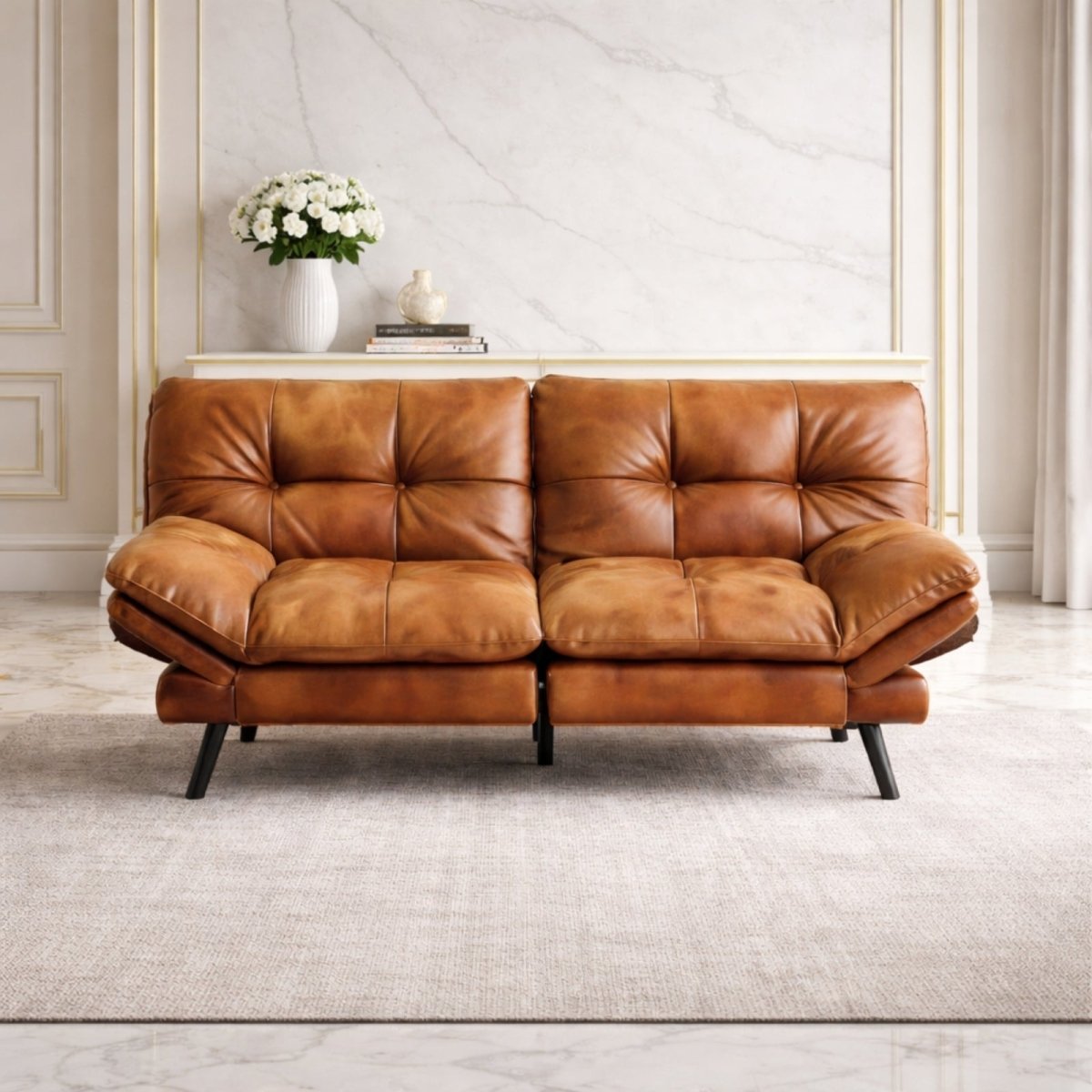 Technical diagram of the Kouvr convertible sofa in flat bed mode showing 72-inch width and 42-inch depth for guest sleeping.