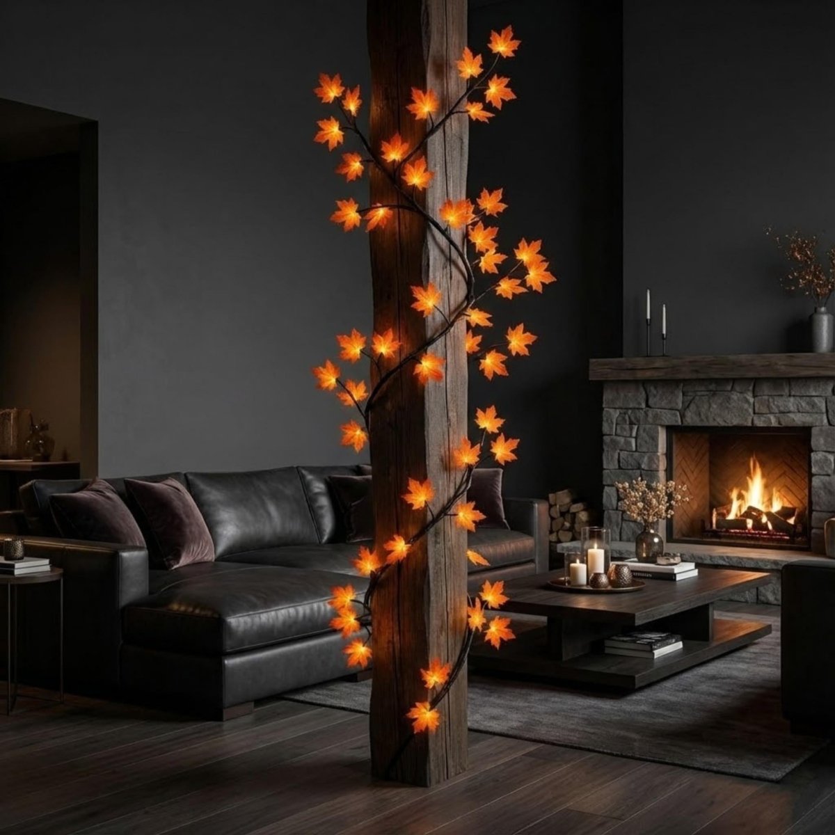 Decorative light tree in a living room with a fireplace