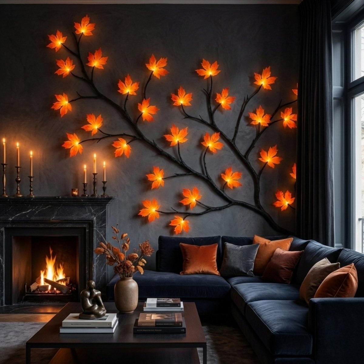 Decorative wall light fixture shaped like a tree with glowing orange flowers in a cozy living room.