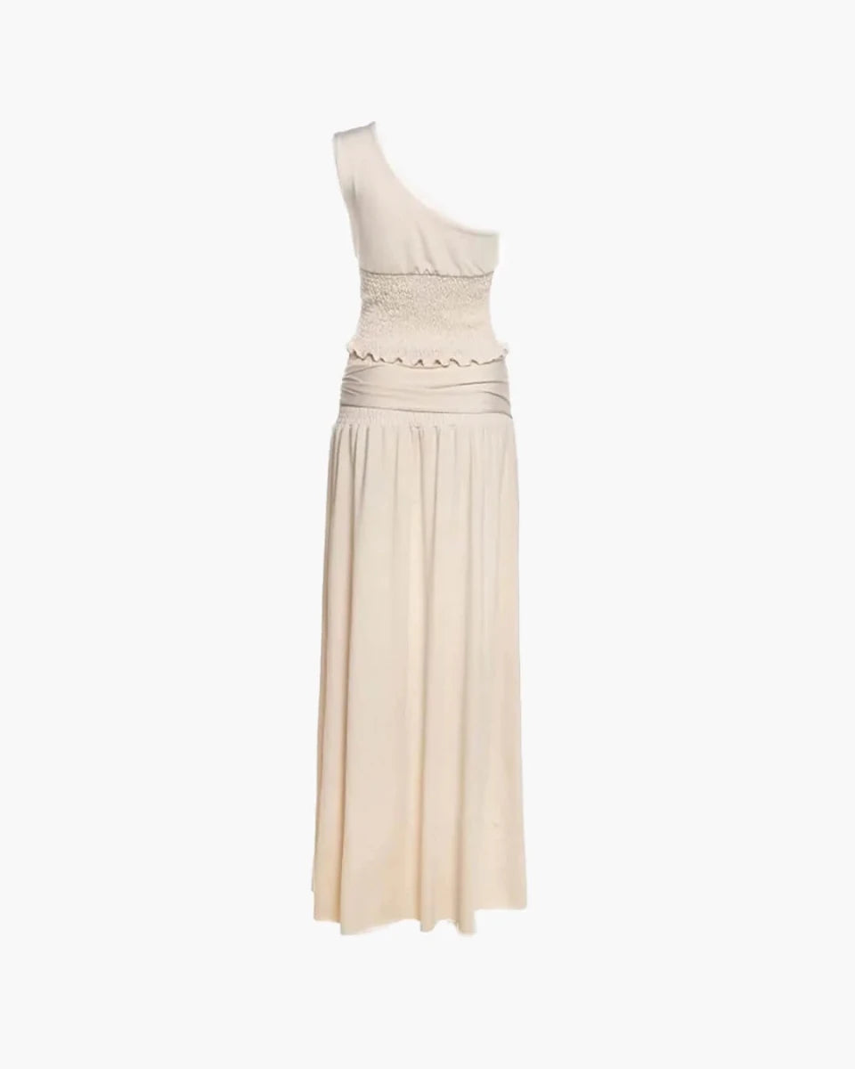 Beige one-shoulder dress on a white background