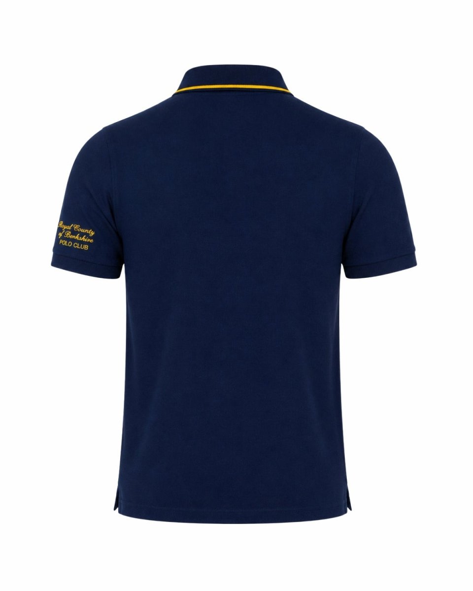 A navy blue short-sleeve polo shirt shown from the back, featuring a thin yellow stripe accent on the collar and yellow script embroidery on the left sleeve.