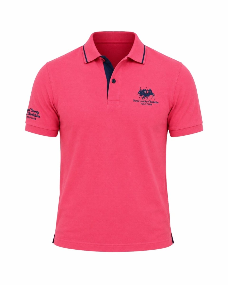 A bright pink short-sleeve polo shirt with a navy blue collar and chest logo, displayed on a clean white background.