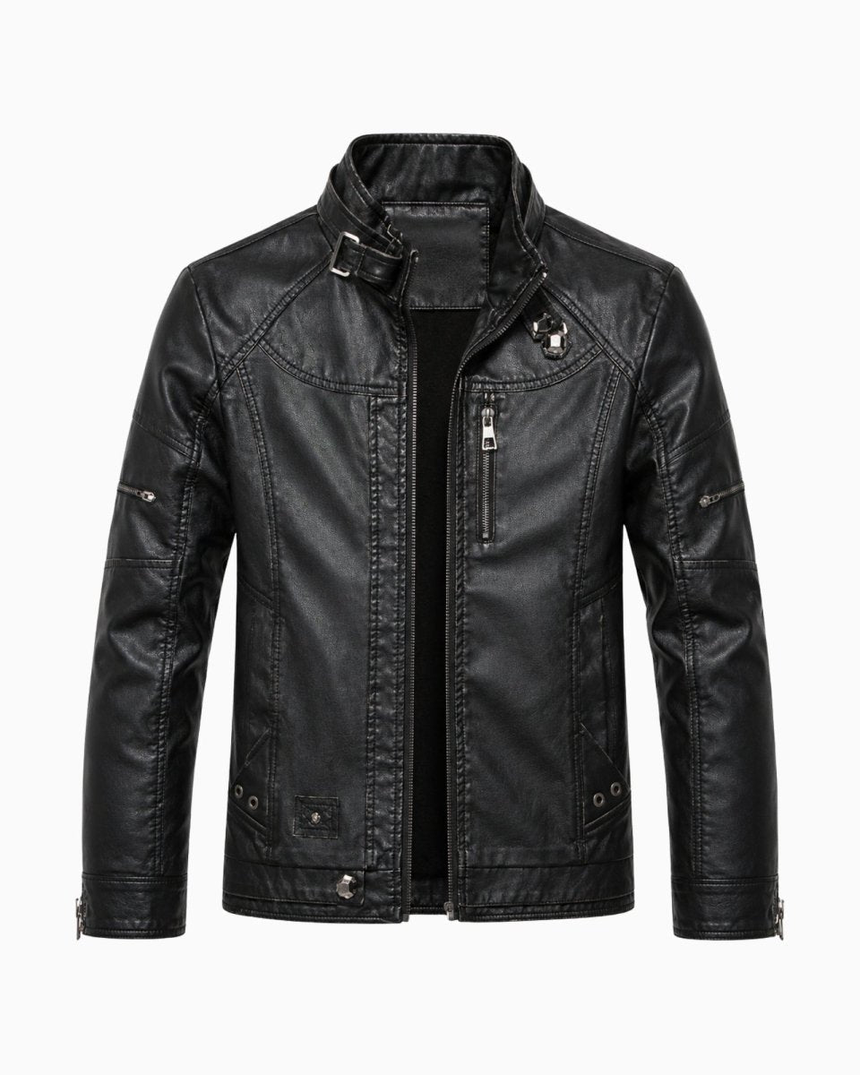 Flat product shot of mens black zip up moto jacket showing chest zippers and snap details.