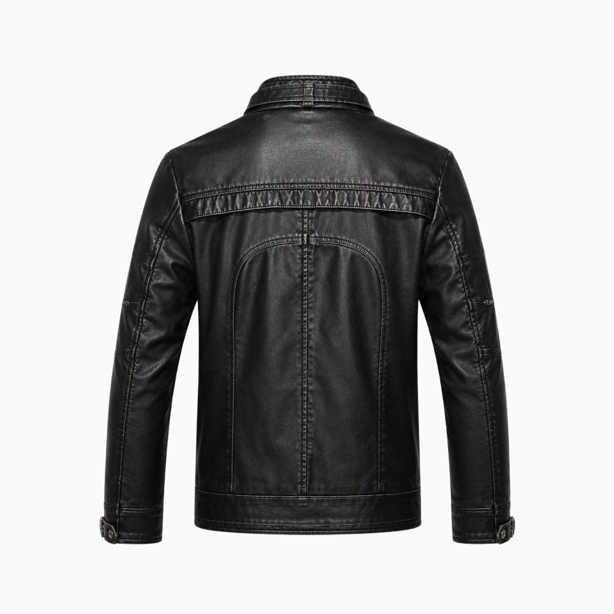 Back view product shot of mens black leather cafe racer jacket detailing structural seams.