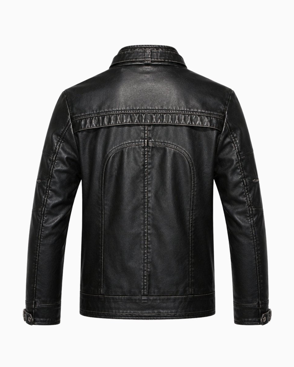 Back view product shot of mens black leather cafe racer jacket detailing structural seams.