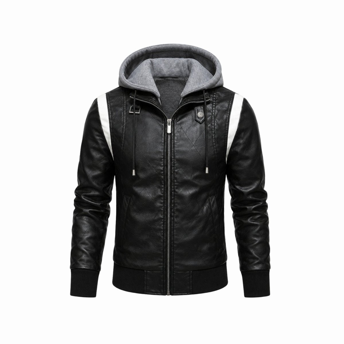 Flat lay front view of the Kouvr black hooded leather jacket highlighting the industrial zippers and ribbed cuffs.