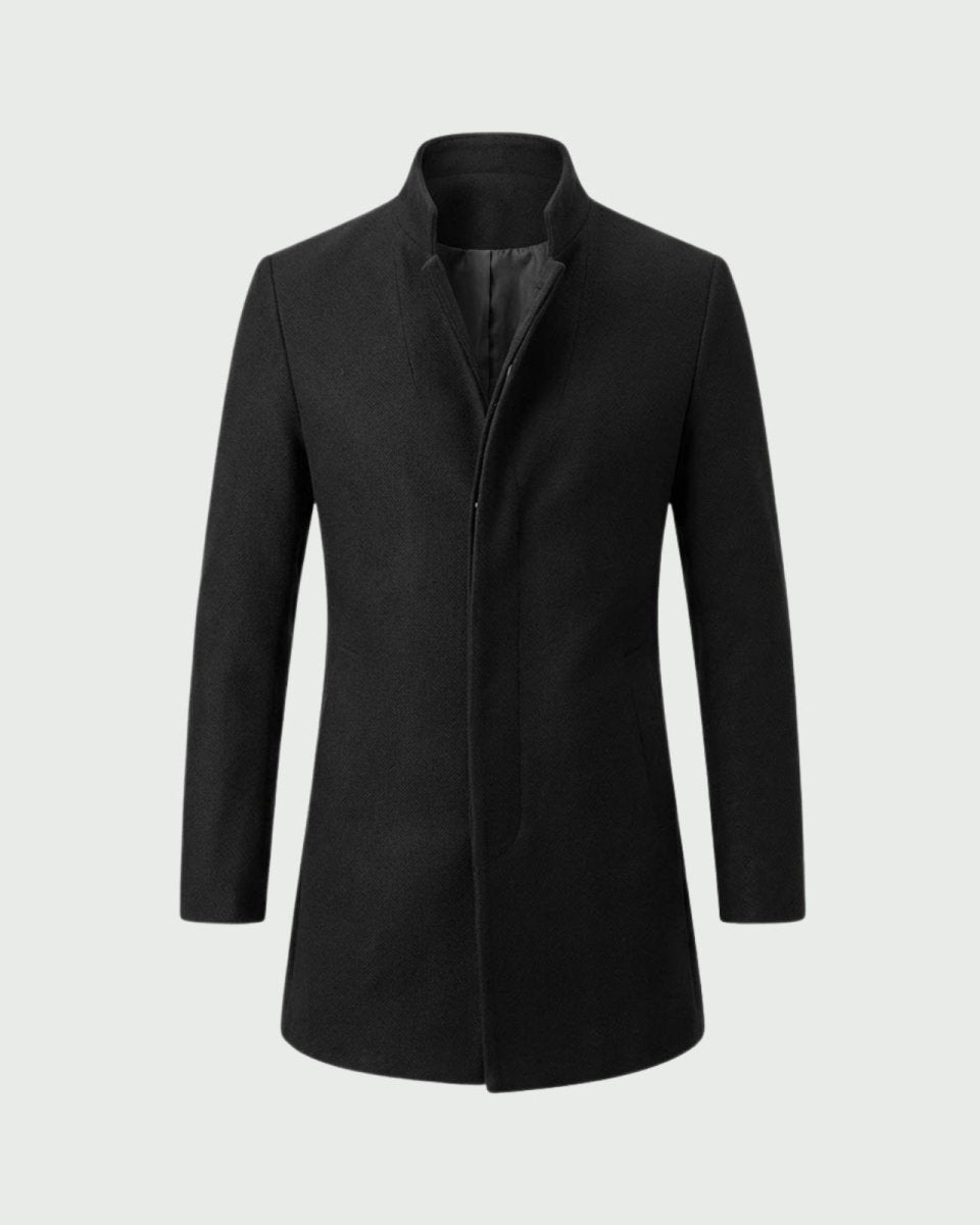 Product-only photo of the Archie black wool overcoat with a stand collar, shown flat on a light grey background.