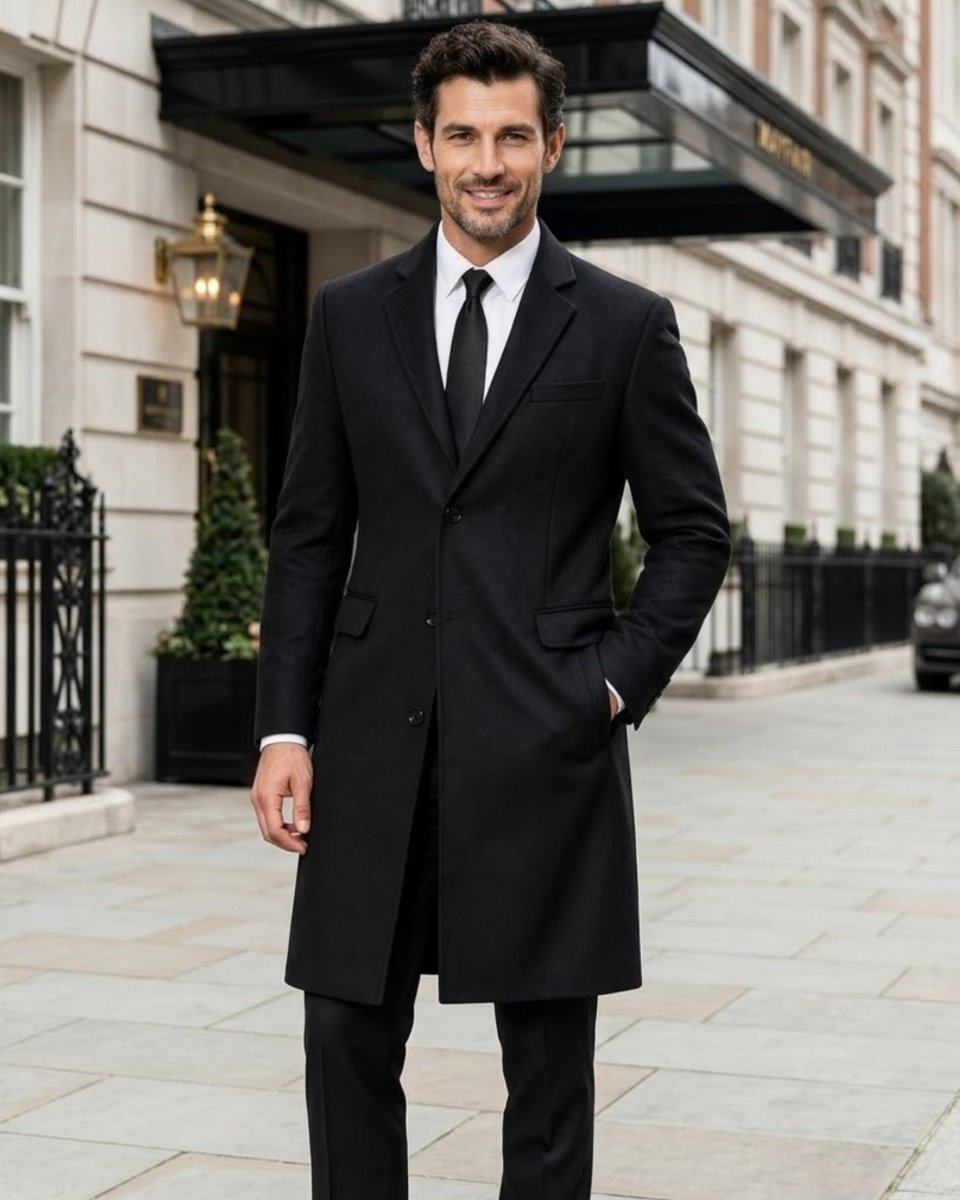 A man wearing a black overcoat, white dress shirt, and black tie stands on a city sidewalk in front of a grand building entrance.