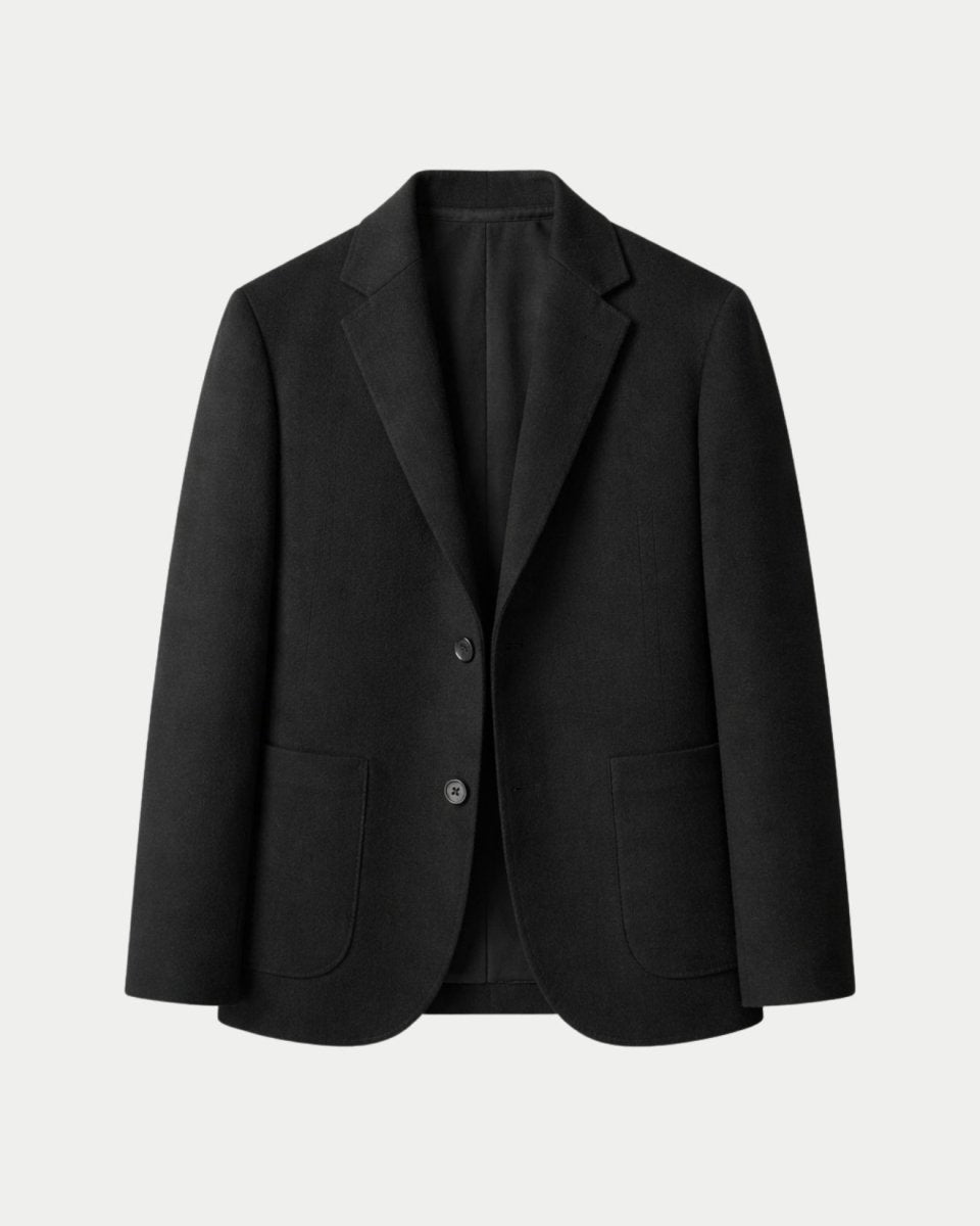 Front flat lay ghost mannequin view of men's black two button tailored blazer with patch pockets.