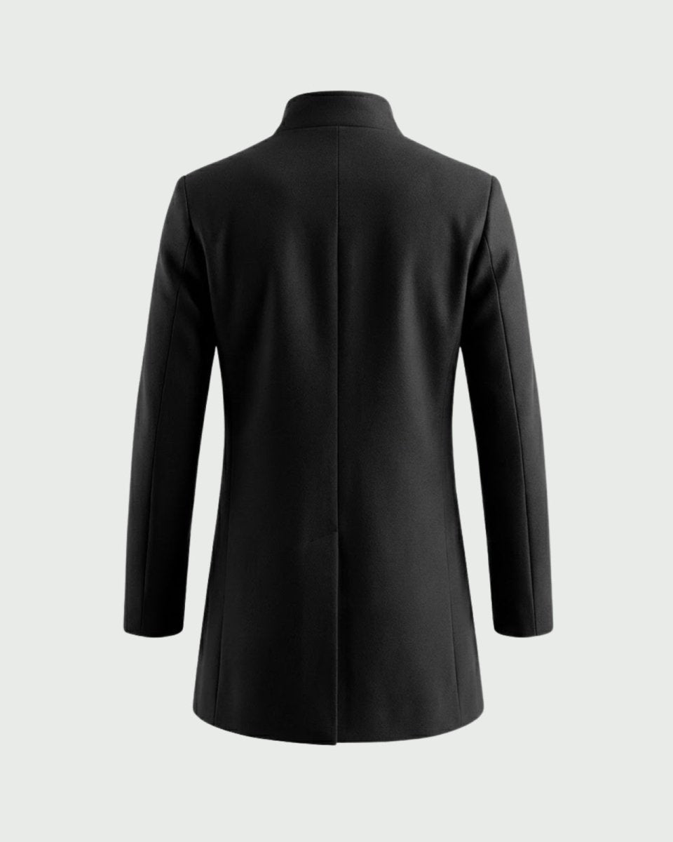 Product-only back view of the men's black stand collar overcoat on a light grey background.