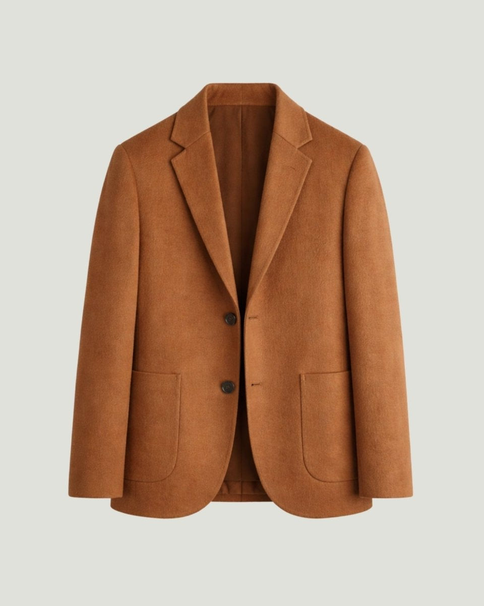 Flat lay product shot of the Fenlo FOrm mens camel two-button sport coat outerwear