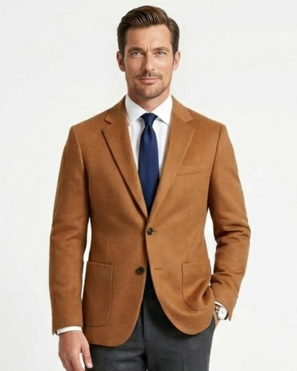 Front view of Fenlo Form mens camel wool blend tailored blazer with notch lapel and patch pockets