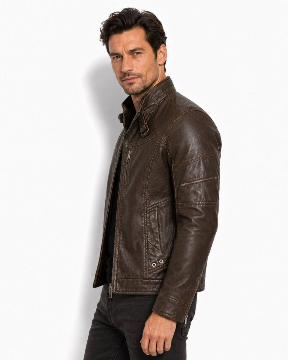 Side profile of vintage dark brown cafe racer leather jacket for men featuring chest zip pockets.