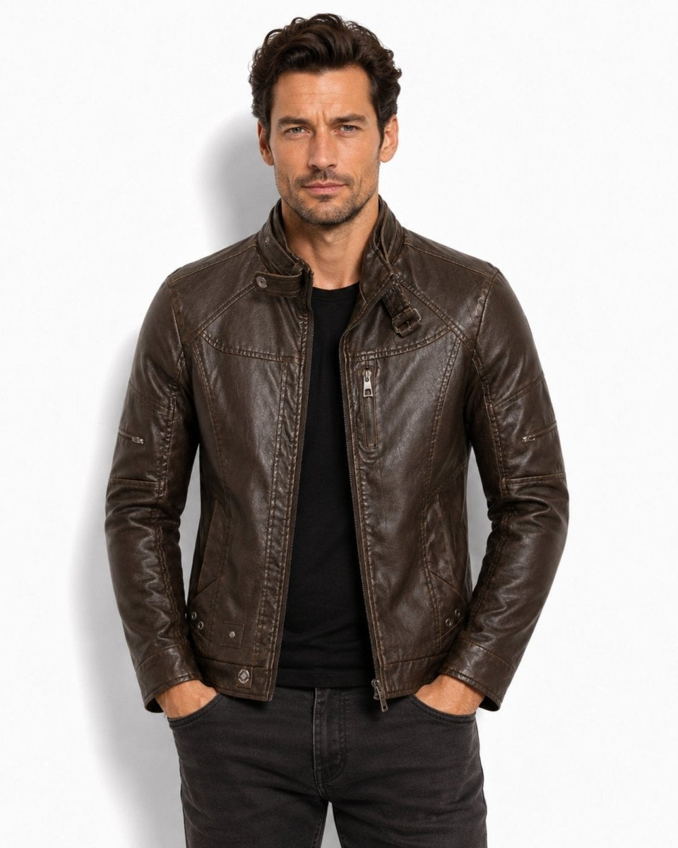 Front view of male model wearing mens dark brown premium distressed leather moto jacket with slim fit and stand collar.