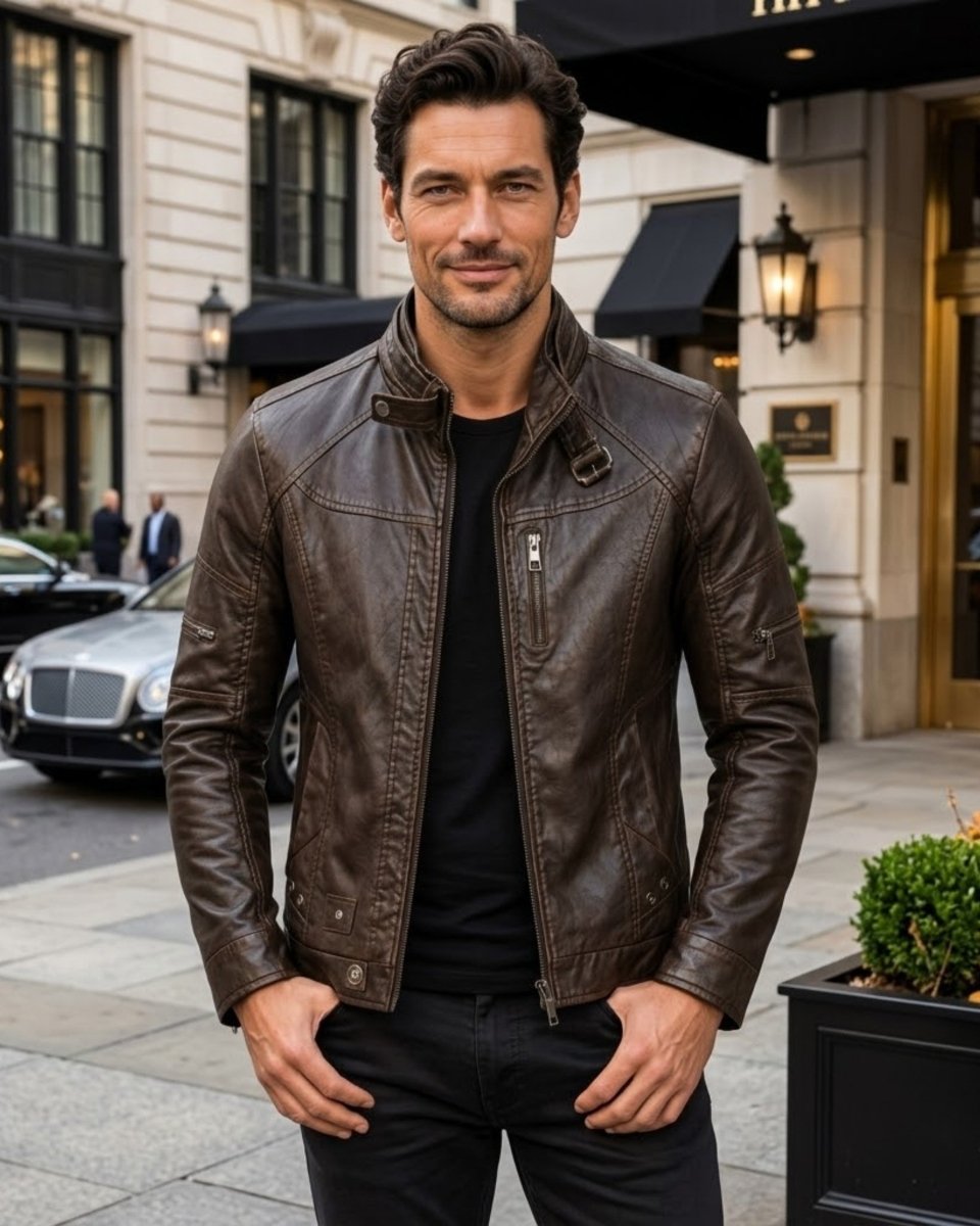A man wearing a dark brown leather jacket over a black t-shirt and black pants, standing on a city street in front of a building with black awnings.
