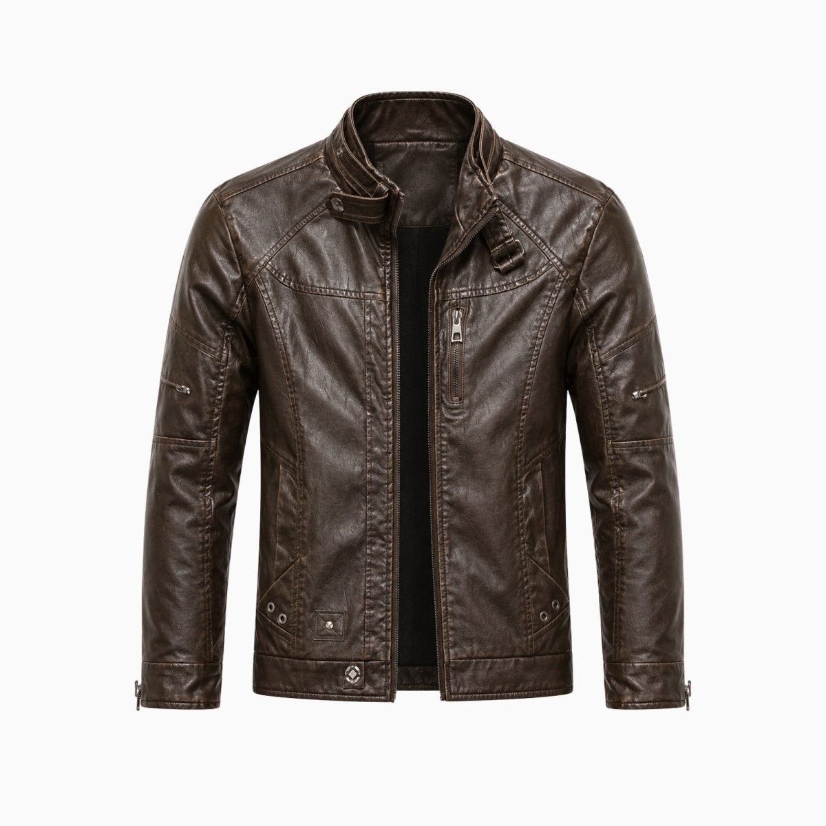 Flat lay product shot of mens dark brown zip up vintage biker jacket unzipped showing inner lining.