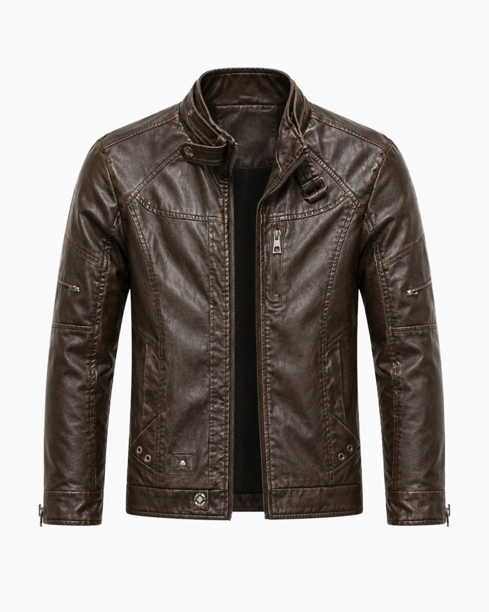 Flat lay product shot of mens dark brown zip up vintage biker jacket unzipped showing inner lining.