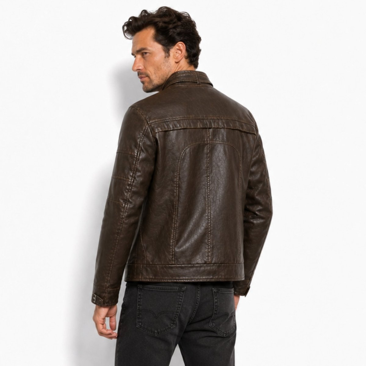 Back view of mens dark brown structured motorcycle outerwear coat showing reinforced stitching and paneling by Kouvr.