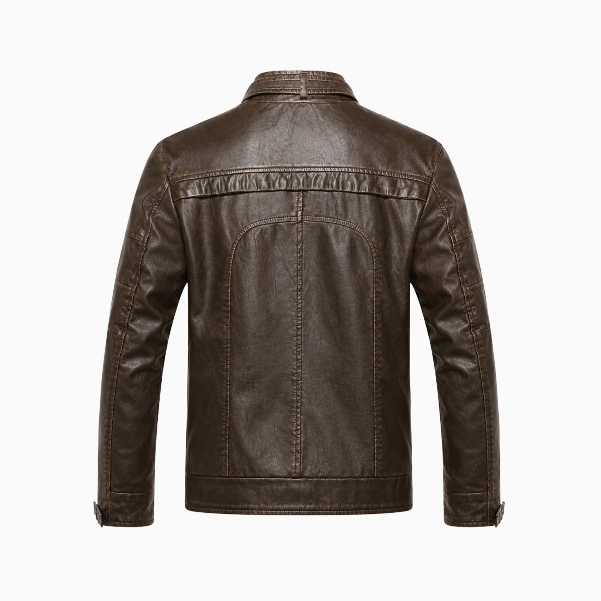 Flat lay back view of Kouvr mens dark brown distressed leather cafe racer coat.