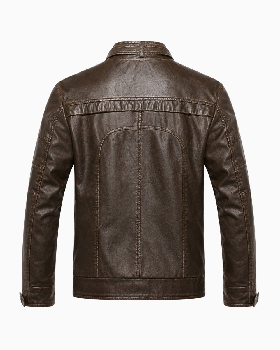 Flat lay back view of mens dark brown distressed leather cafe racer coat.