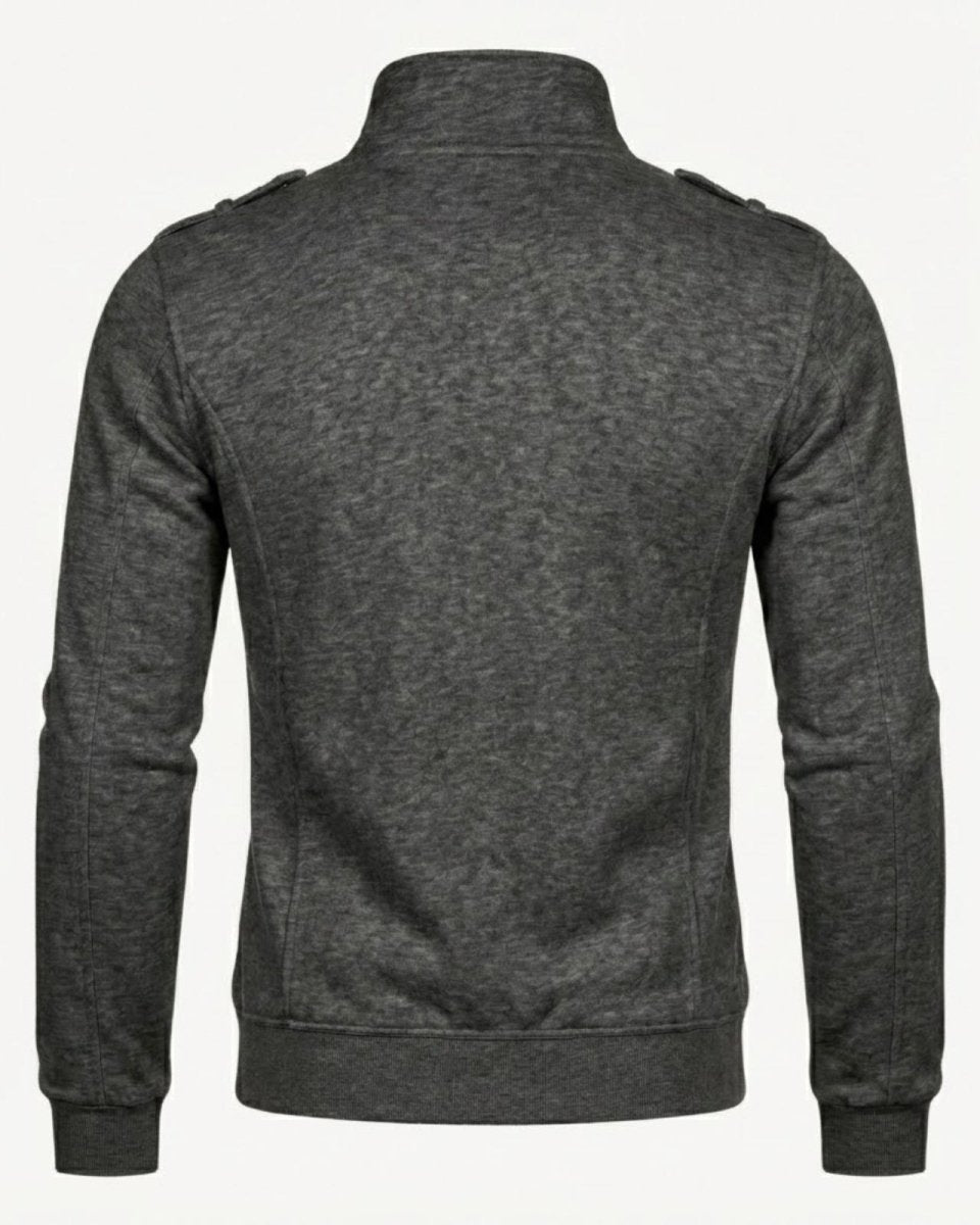 Back view of the men's dark grey heavyweight knit jacket showing epaulet and seam construction.