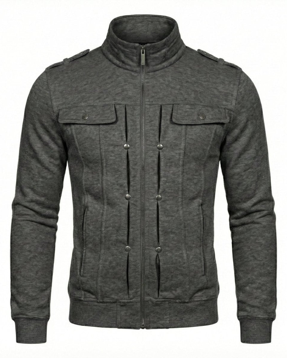 High-resolution product shot of the men's dark grey military zip-up jacket with stand collar.
