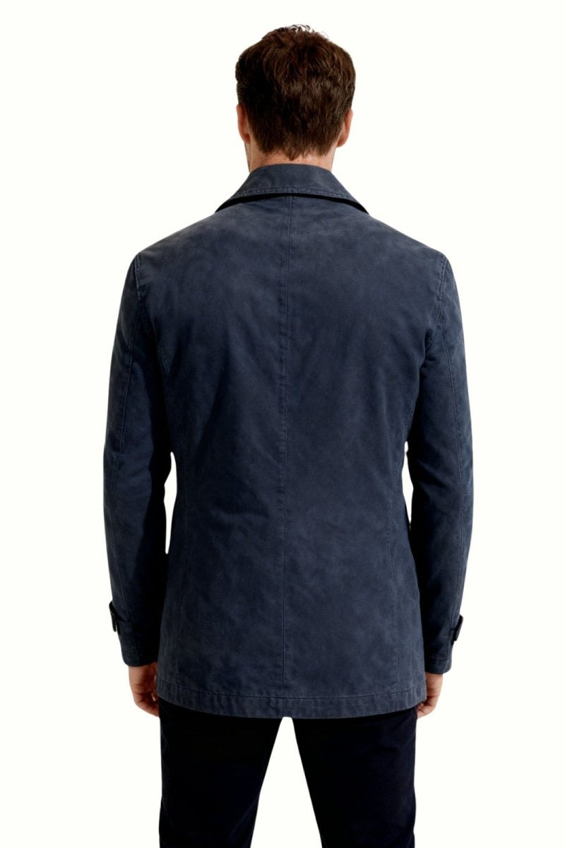 Back view of the men's classic fit naval peacoat in navy, displaying the clean lines and shoulder construction.