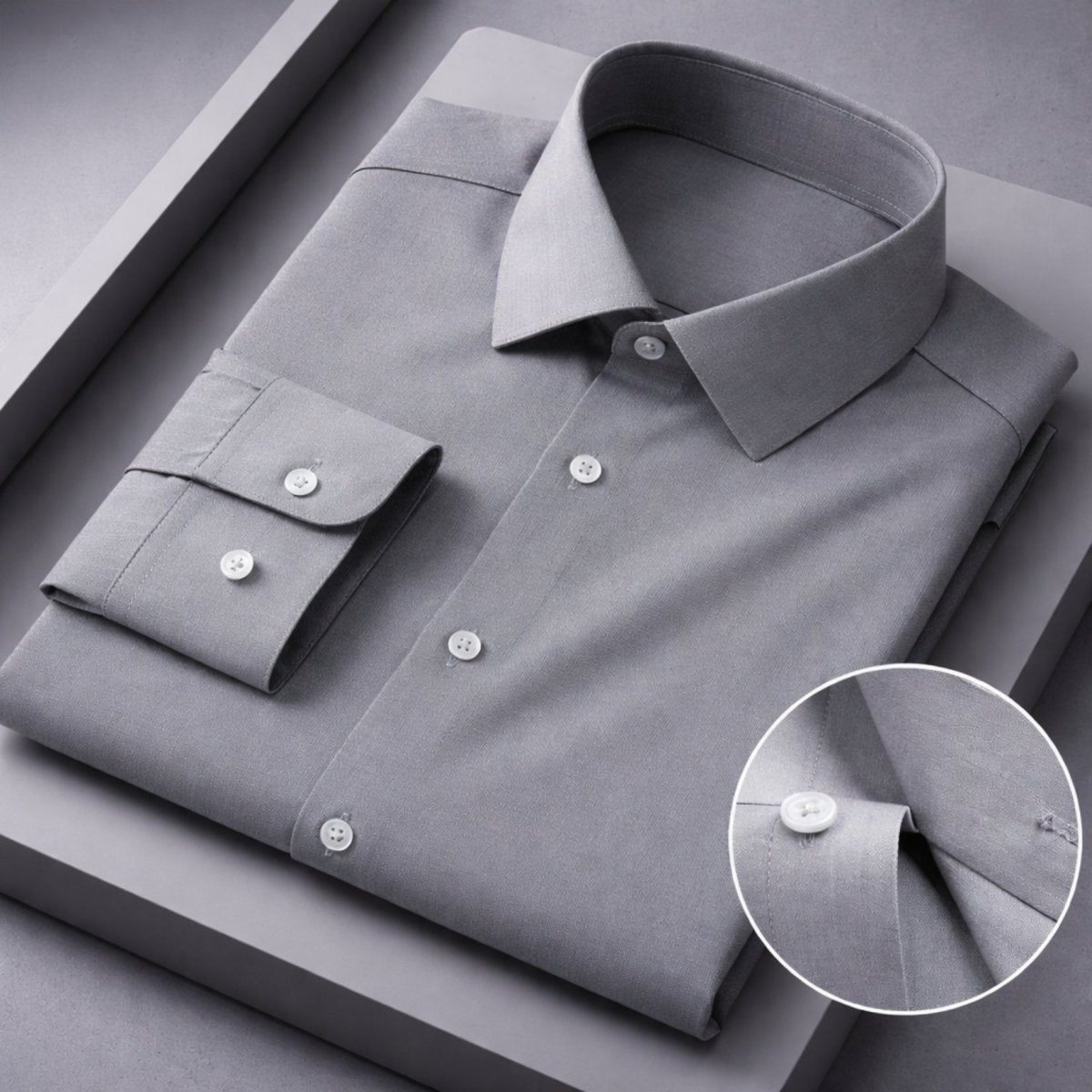 Folded Kouvr grey dress shirt highlighting semi-spread collar white buttons and premium woven fabric details