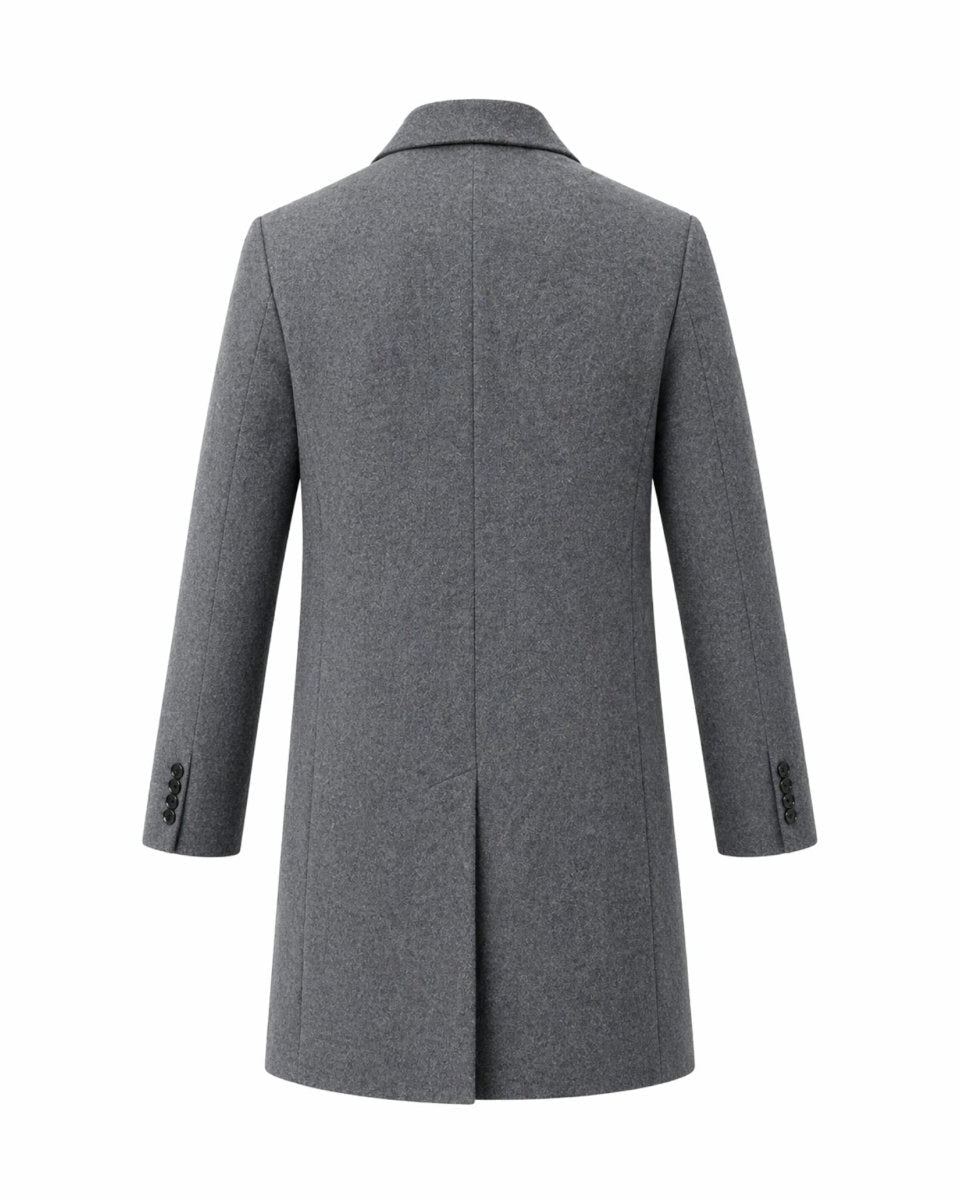 Ghost mannequin product shot of the back of men's grey wool blend topcoat showing the clean tailored lines and center back seam.