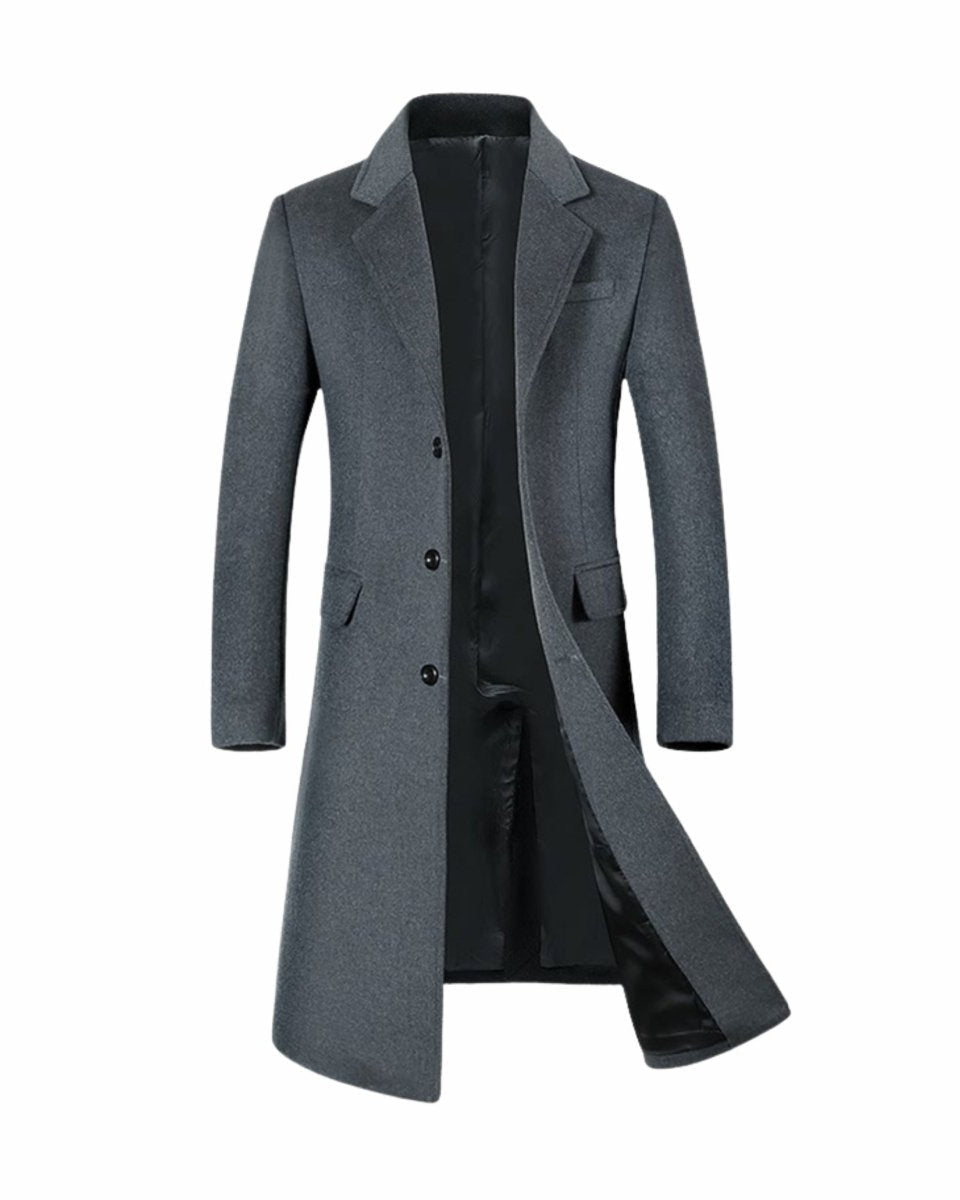 Ghost mannequin product shot of men's grey single breasted outerwear coat displaying the interior lining, lapel structure, and button closure.
