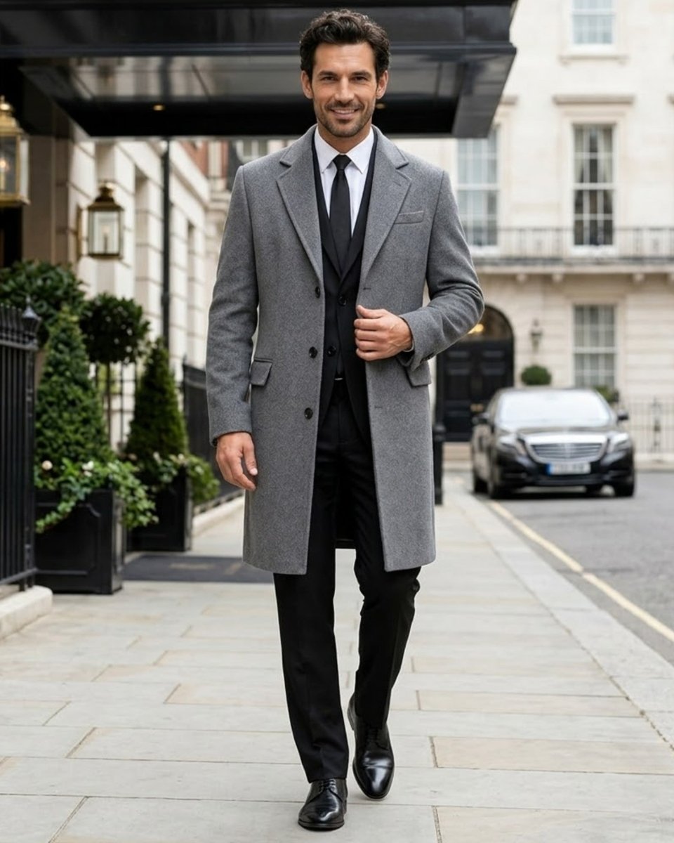 A man walking on a city sidewalk wearing a long gray overcoat over a black suit, white shirt, and black tie.