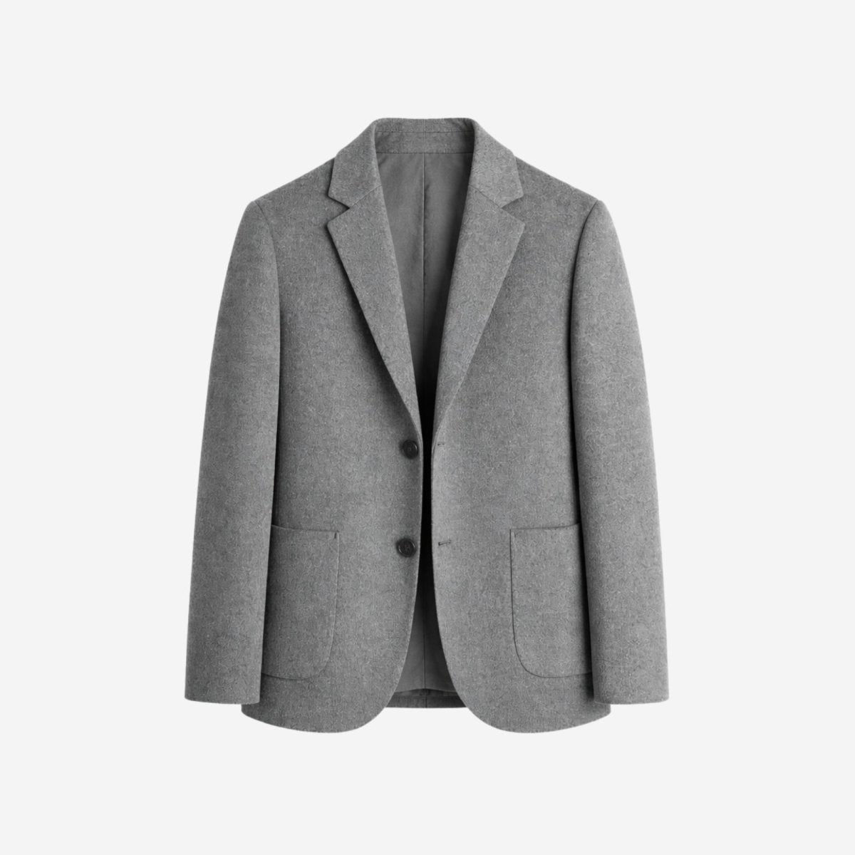 Flat lay front view of grey two-button men's sport jacket with patch pockets