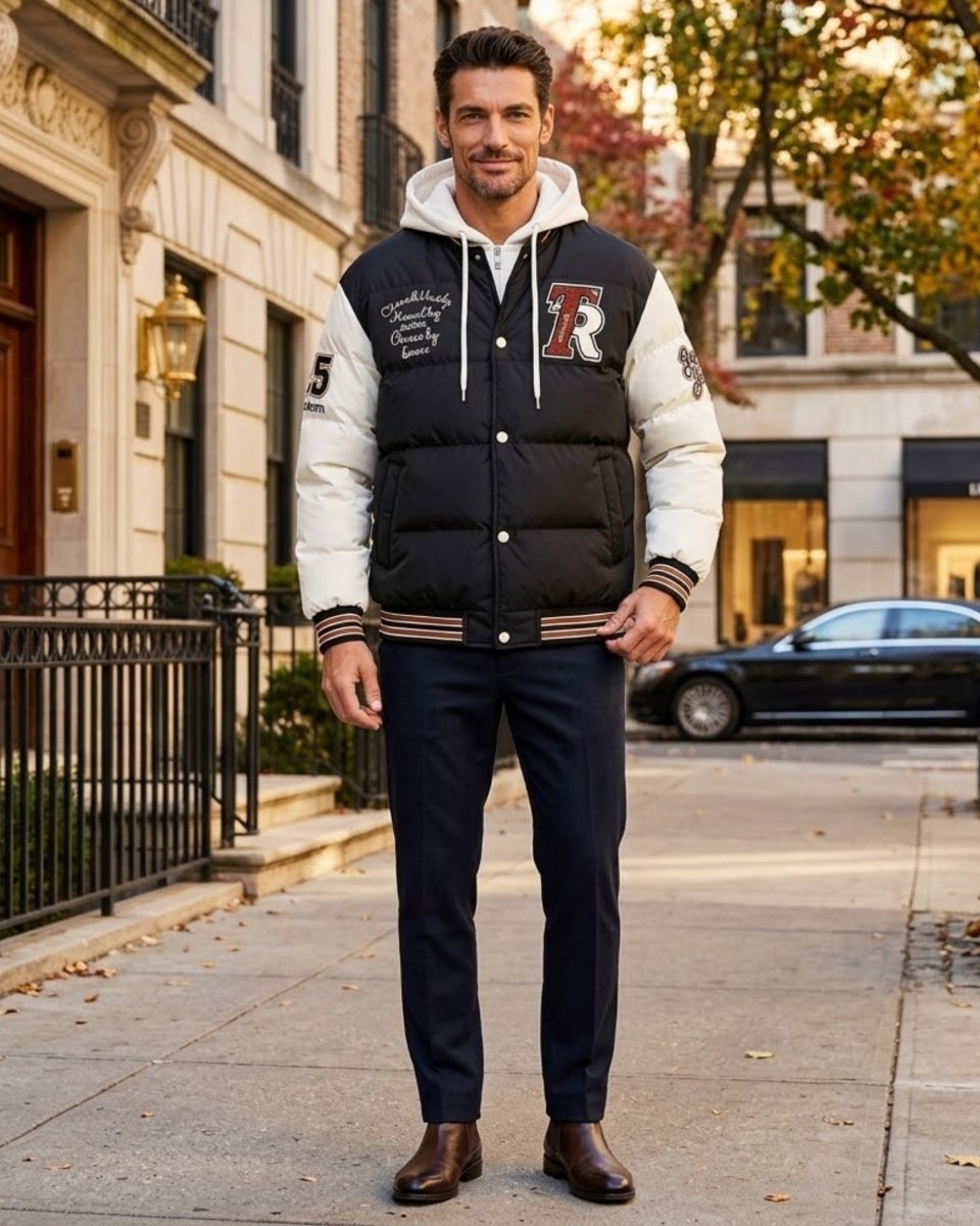 A man stands on a city sidewalk wearing a black and white varsity jacket over a white hoodie, navy pants, and brown shoes, with buildings and trees in the background.