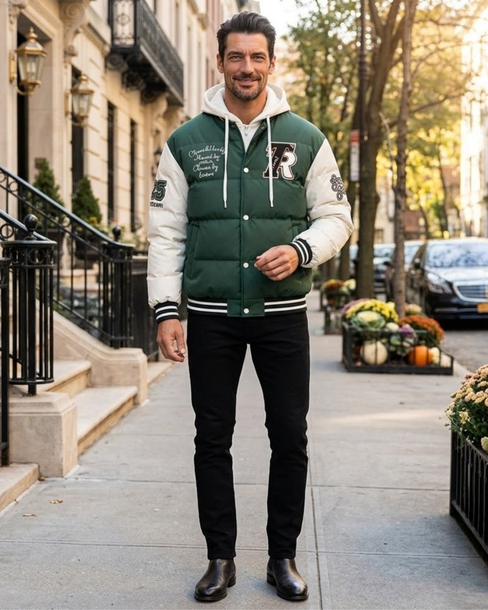 A man stands on a city sidewalk wearing a dark green and cream varsity-style puffer jacket with black pants and brown boots. The jacket features white text reading 'Suffernan' on the left chest, a large 'R' patch on the right chest, and striped ribbed cuffs and hem.