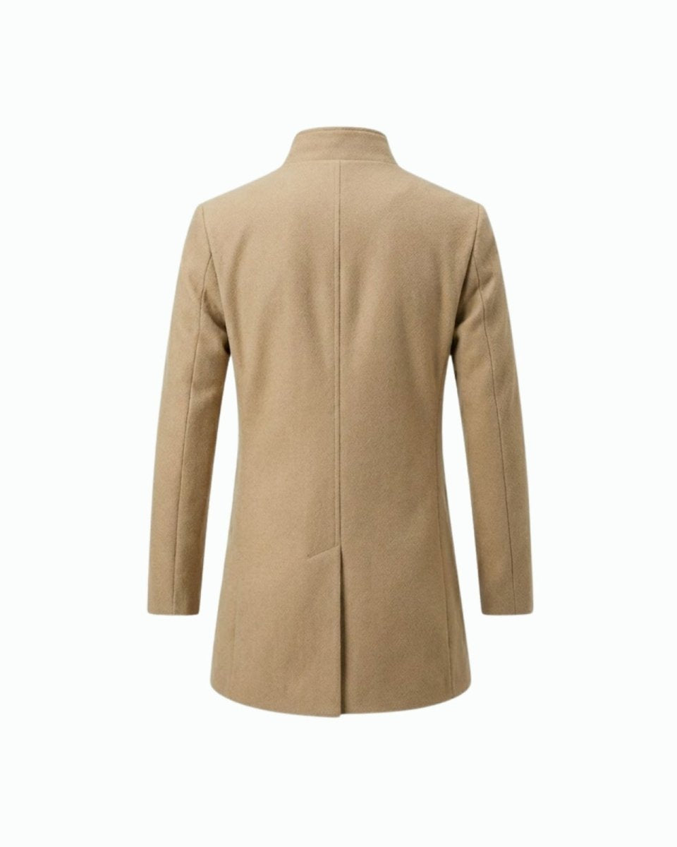 Back product shot of the men's khaki wool overcoat showing the center seam and single vent detail.