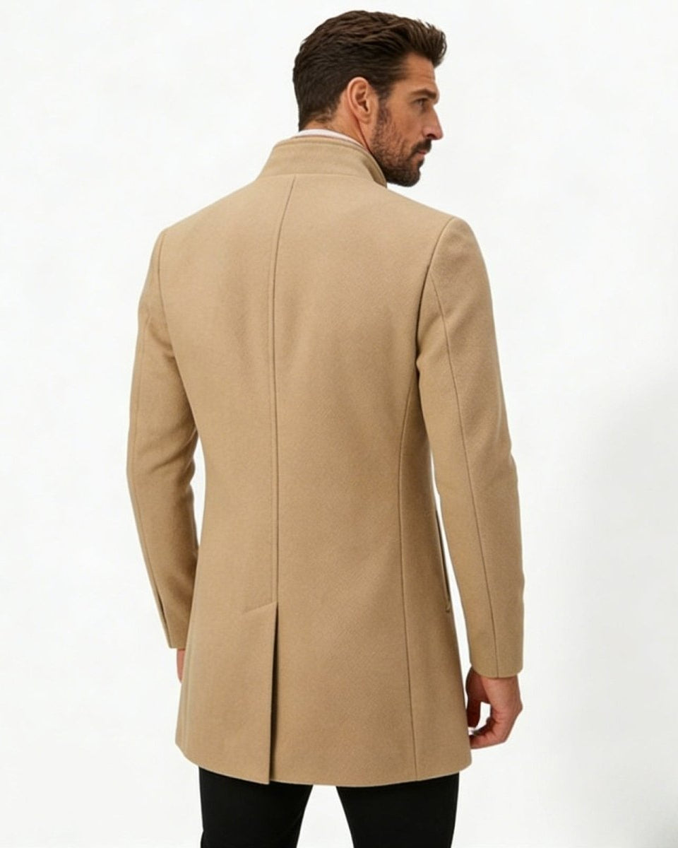 Back view of the men's khaki overcoat highlighting the single vent and structured shoulder construction.