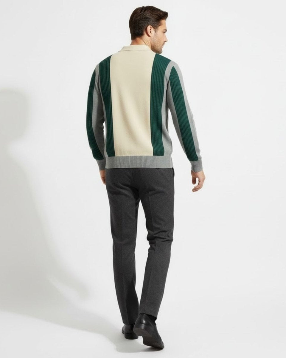 Back view of the color block polo sweater showcasing the vertical green and cream panel design.
