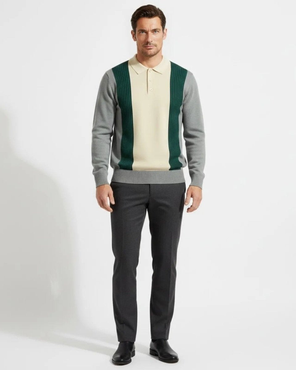 Model wearing the leandro color block knit polo sweater in grey, paired with dark grey tailored trousers.