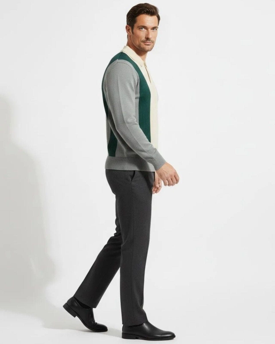 Side profile of a man walking in the long sleeve vintage-style knit polo, showing the fit and sleeve design.
