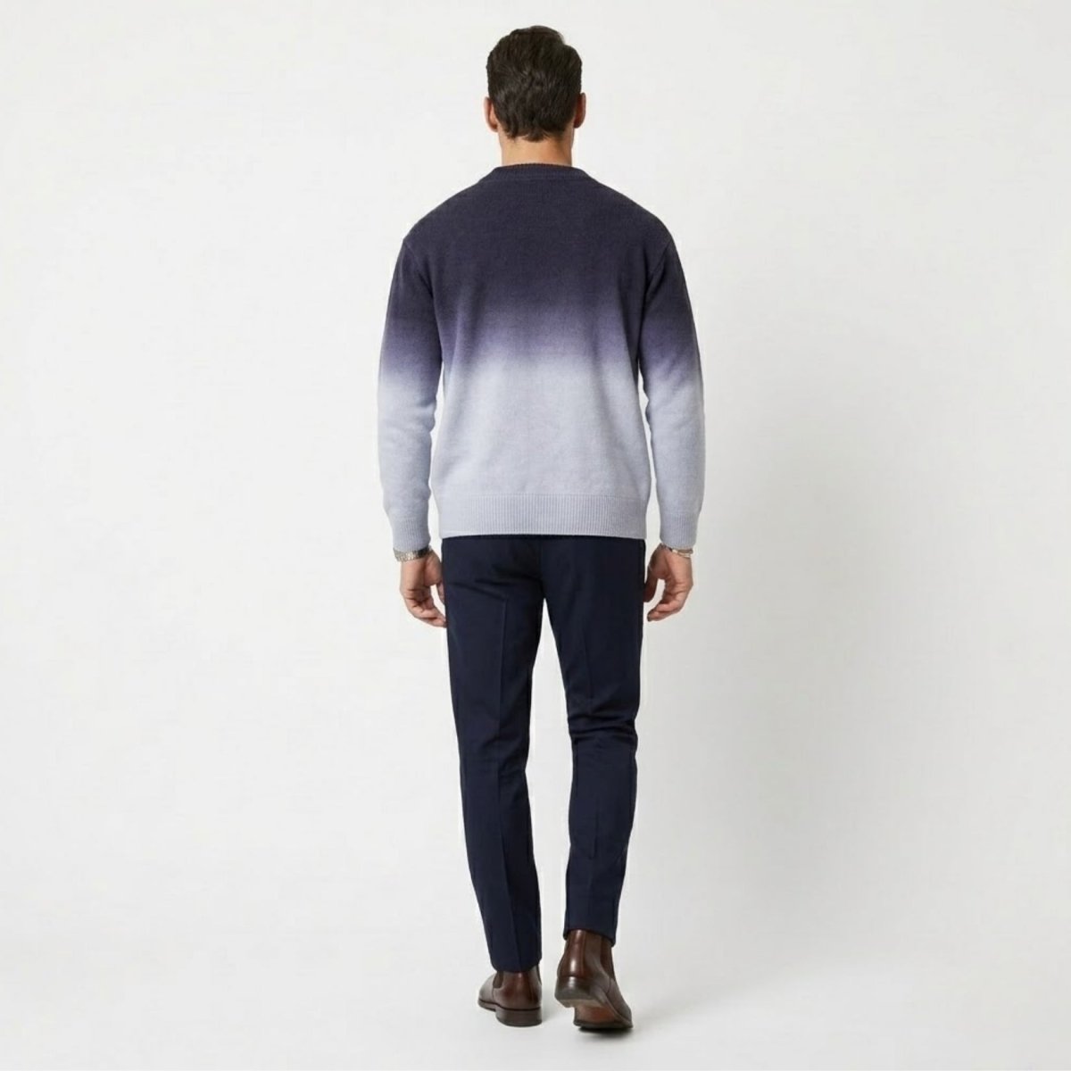 Back view of Kouvr men's gradient knit sweater showing seamless color transition from dark blue to pale blue.