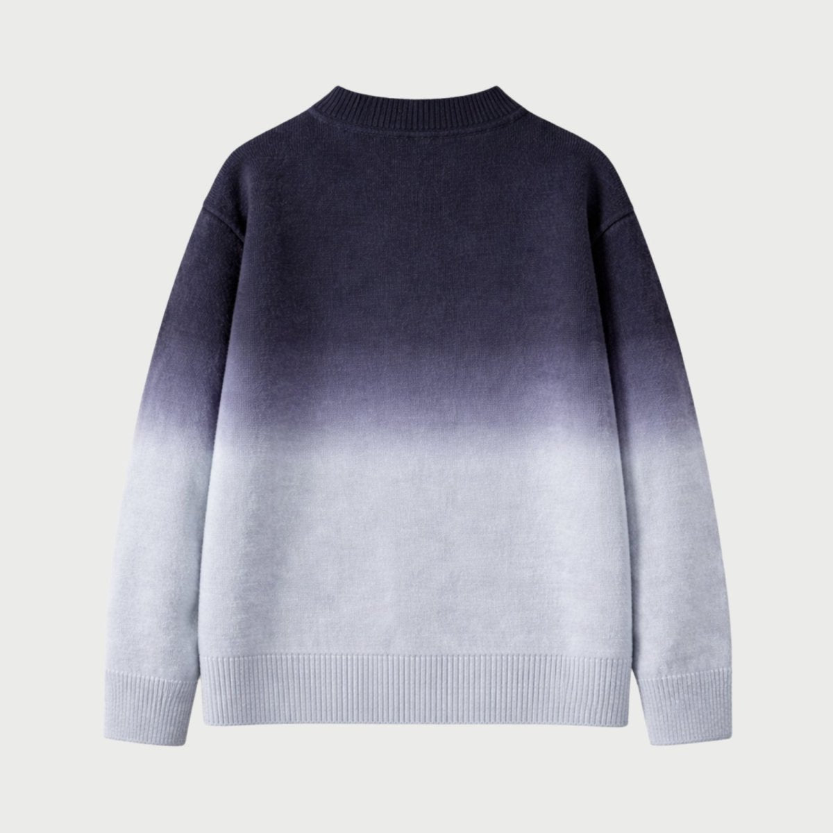 Back flat lay product shot of Kouvr men's fine knit gradient cardigan sweater highlighting the ribbed hem and cuffs.