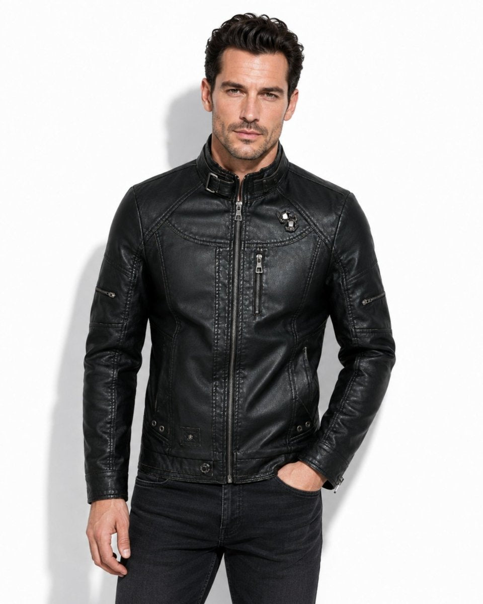 Front view of male model wearing mens black premium distressed leather moto jacket with edgy hardware.