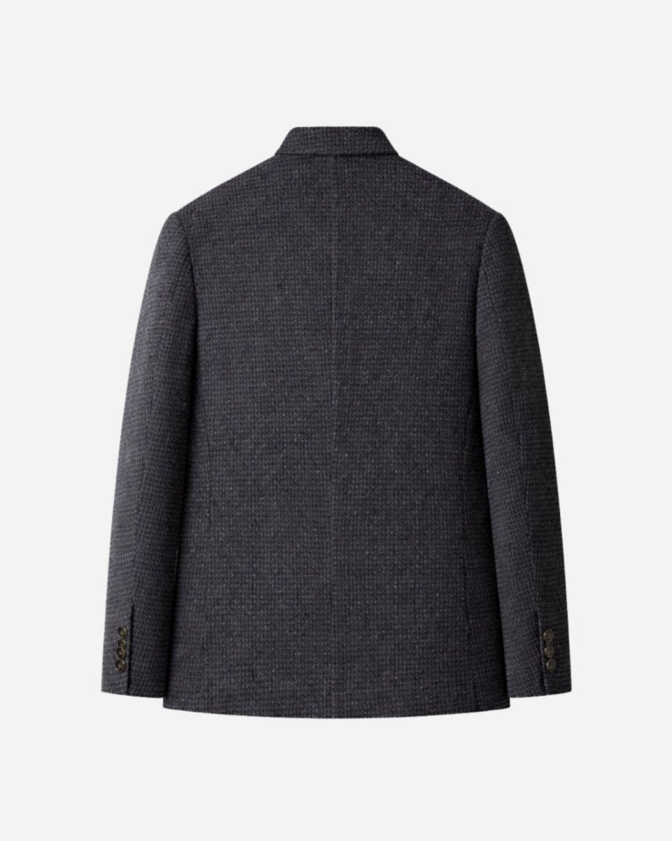 Flat lay back view of a men's plaid structured blazer showing the center seam and tailored fit.