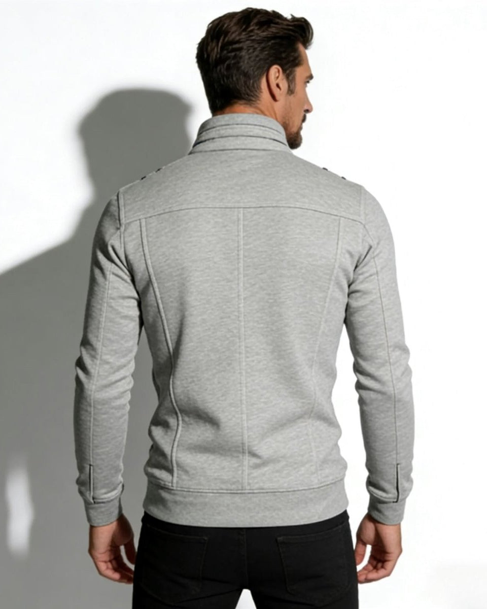 Back detail of the men's heather grey military jacket, highlighting the panel stitching and clean lines.