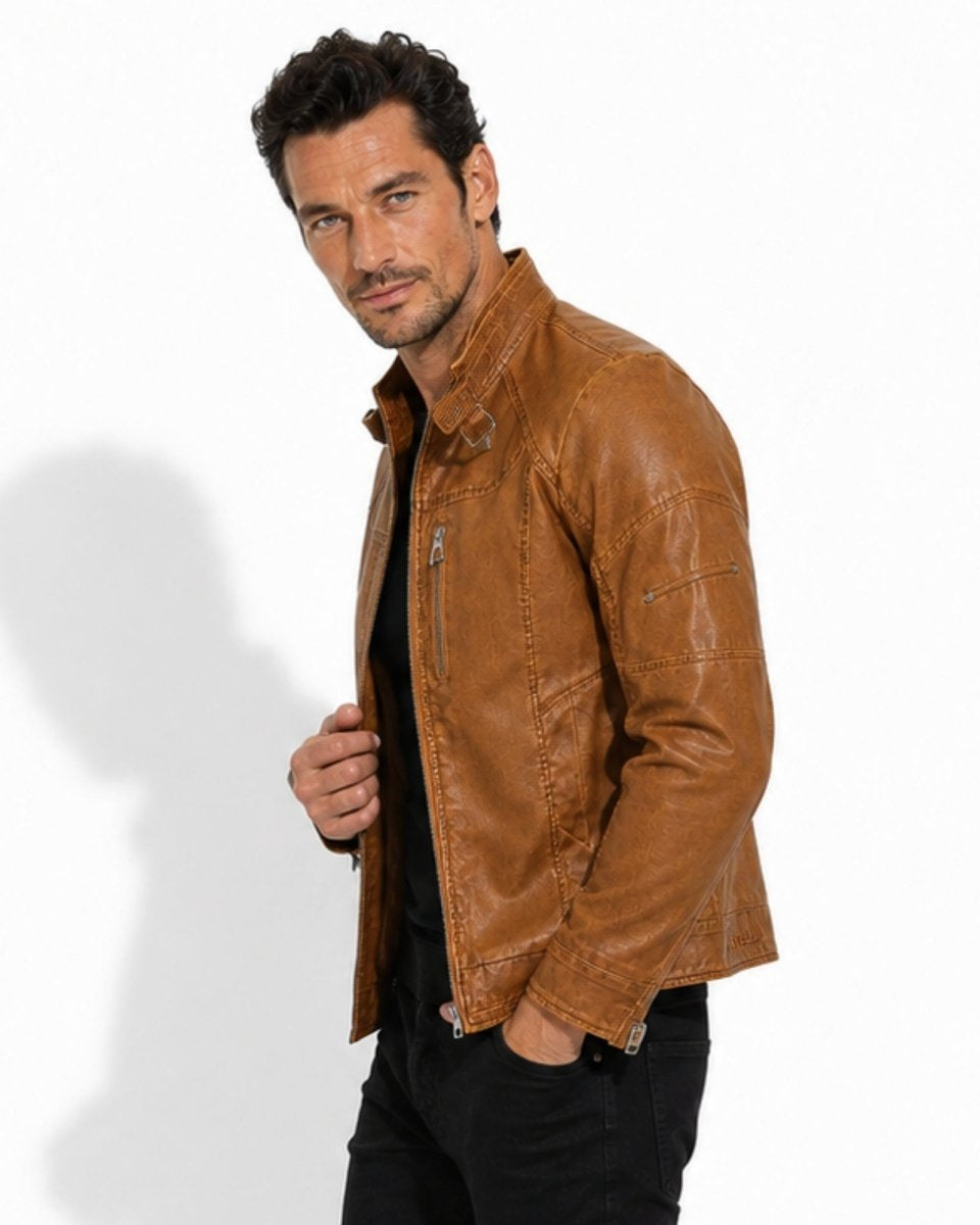 Side profile of mens tan brown distressed leather cafe racer showing sleeve fit.