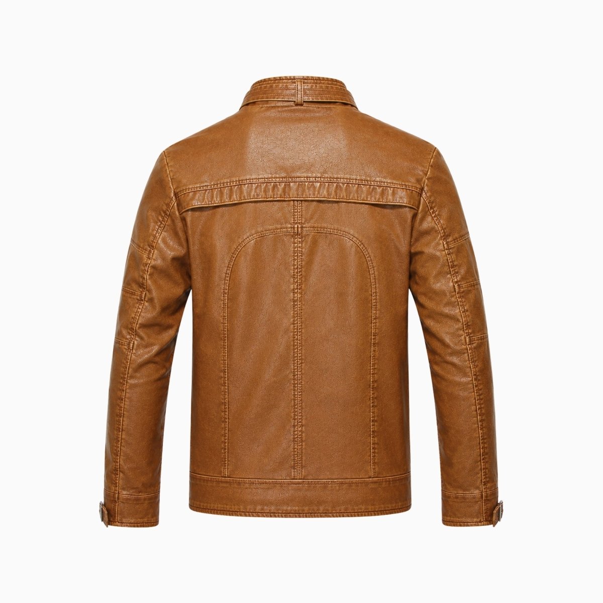 Back flat lay product image of mens light brown cafe racer leather jacket by Kouvr.